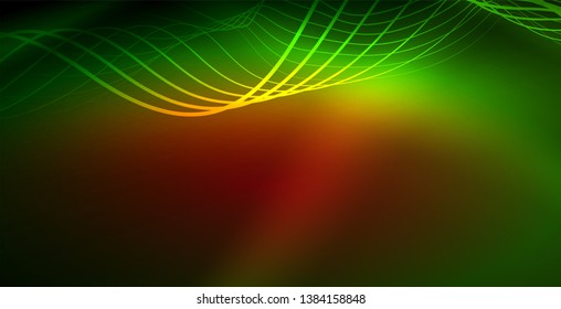 Glowing abstract wave on dark, shiny motion, magic space light. Vector techno abstract background