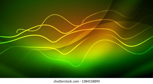 Glowing abstract wave on dark, shiny motion, magic space light. Vector techno abstract background