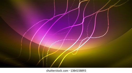 Glowing abstract wave on dark, shiny motion, magic space light. Vector techno abstract background