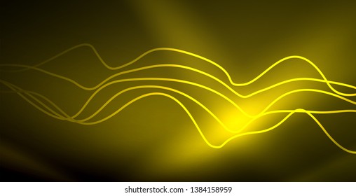 Glowing abstract wave on dark, shiny motion, magic space light. Vector techno abstract background