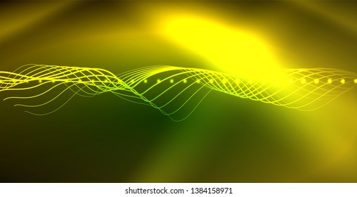 Glowing abstract wave on dark, shiny motion, magic space light. Vector techno abstract background