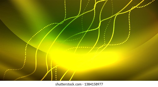 Glowing abstract wave on dark, shiny motion, magic space light. Vector techno abstract background