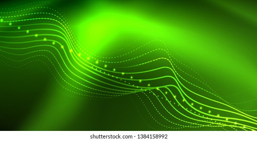 Glowing abstract wave on dark, shiny motion, magic space light. Vector techno abstract background
