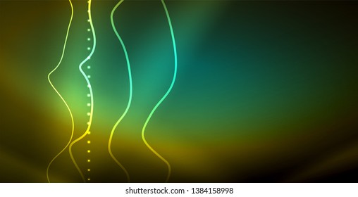Glowing abstract wave on dark, shiny motion, magic space light. Vector techno abstract background