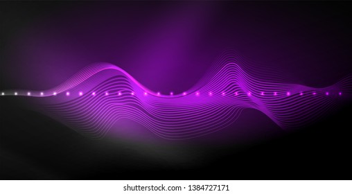 Glowing abstract wave on dark, shiny motion, magic space light. Vector techno abstract background