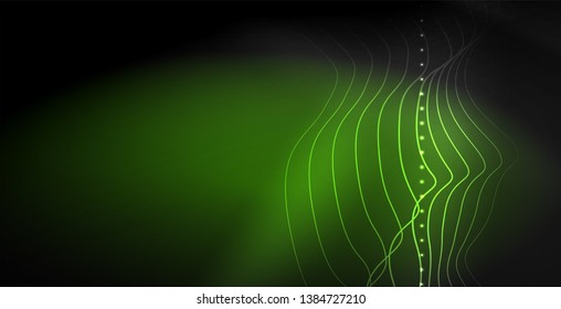 Glowing abstract wave on dark, shiny motion, magic space light. Vector techno abstract background
