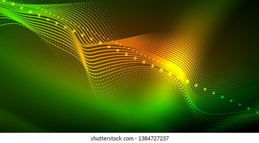 Glowing abstract wave on dark, shiny motion, magic space light. Vector techno abstract background