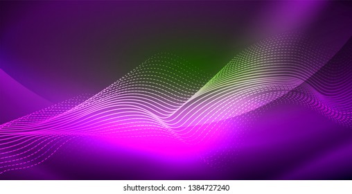 Glowing abstract wave on dark, shiny motion, magic space light. Vector techno abstract background