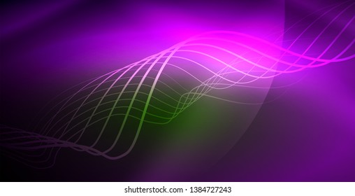 Glowing abstract wave on dark, shiny motion, magic space light. Vector techno abstract background