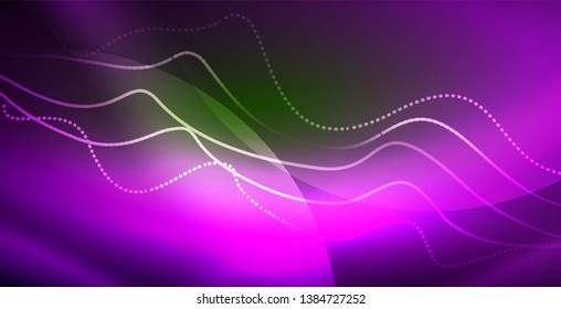 Glowing abstract wave on dark, shiny motion, magic space light. Vector techno abstract background