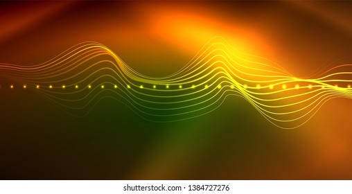 Glowing abstract wave on dark, shiny motion, magic space light. Vector techno abstract background