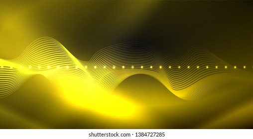 Glowing abstract wave on dark, shiny motion, magic space light. Vector techno abstract background