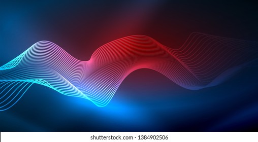 Glowing abstract wave on dark, shiny motion, magic space light. Vector techno abstract background, blue color