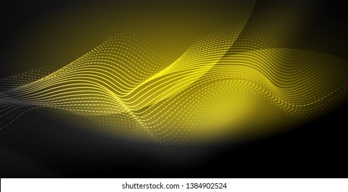 Glowing abstract wave on dark, shiny motion, magic space light. Vector techno abstract background