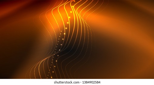 Glowing abstract wave on dark, shiny motion, magic space light. Vector techno abstract background