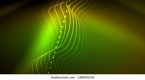 Glowing abstract wave on dark, shiny motion, magic space light. Vector techno abstract background