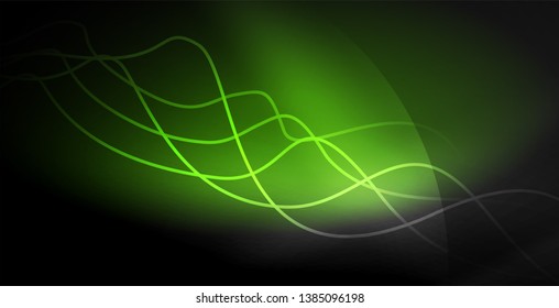 Glowing abstract wave on dark, shiny motion, magic space light. Vector techno abstract background