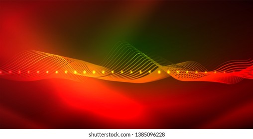 Glowing abstract wave on dark, shiny motion, magic space light. Vector techno abstract background