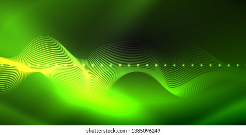 Glowing abstract wave on dark, shiny motion, magic space light. Vector techno abstract background