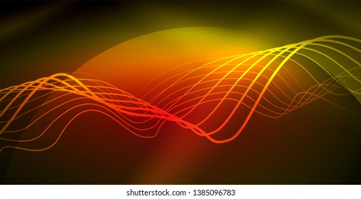 Glowing abstract wave on dark, shiny motion, magic space light. Vector techno abstract background