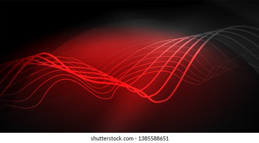Glowing abstract wave on dark, shiny motion, magic space light. Vector techno abstract background