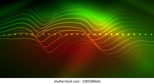 Glowing abstract wave on dark, shiny motion, magic space light. Vector techno abstract background