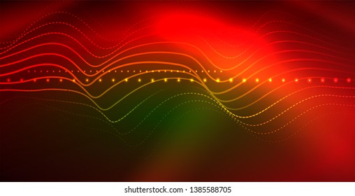 Glowing abstract wave on dark, shiny motion, magic space light. Vector techno abstract background
