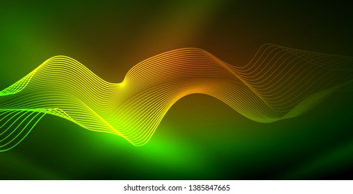 Glowing abstract wave on dark, shiny motion, magic space light. Vector techno abstract background