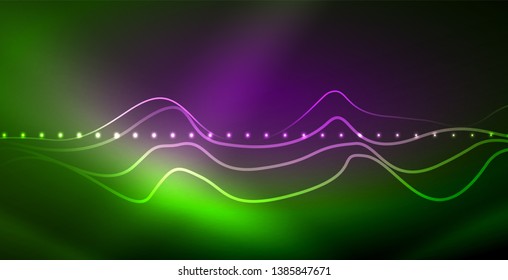 Glowing abstract wave on dark, shiny motion, magic space light. Vector techno abstract background
