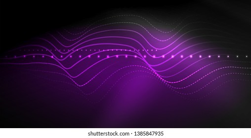 Glowing abstract wave on dark, shiny motion, magic space light. Vector techno abstract background