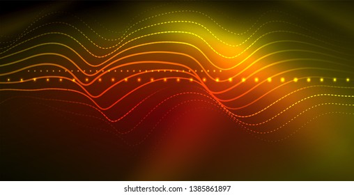 Glowing abstract wave on dark, shiny motion, magic space light. Vector techno abstract background