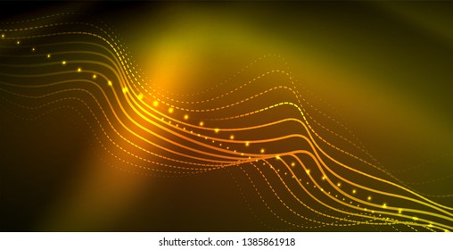 Glowing abstract wave on dark, shiny motion, magic space light. Vector techno abstract background