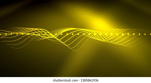 Glowing abstract wave on dark, shiny motion, magic space light. Vector techno abstract background