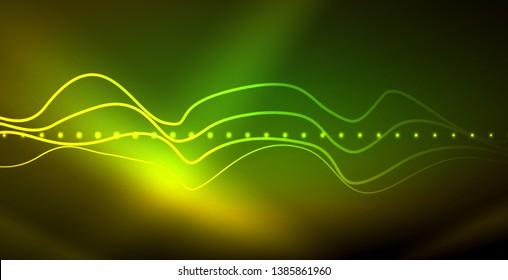 Glowing abstract wave on dark, shiny motion, magic space light. Vector techno abstract background