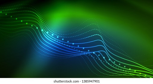 Glühende abstrakte Welle auf dunkler, glänzender Bewegung, zauberhaftes Raumlicht. Abstrakter Vektorgrafik-Hintergrund
