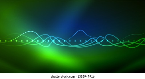 Glowing abstract wave on dark, shiny motion, magic space light. Vector techno abstract background