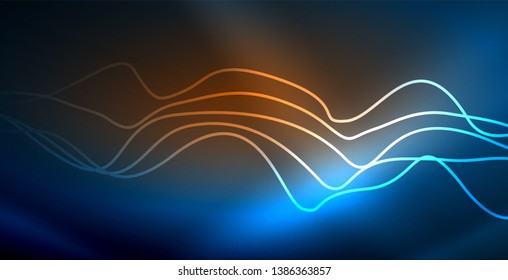 Glowing abstract wave on dark, shiny motion, magic space light. Vector techno abstract background, blue color
