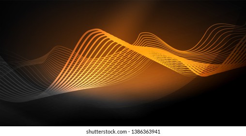 Glowing abstract wave on dark, shiny motion, magic space light. Vector techno abstract background