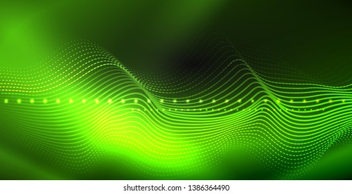 Glowing abstract wave on dark, shiny motion, magic space light. Vector techno abstract background