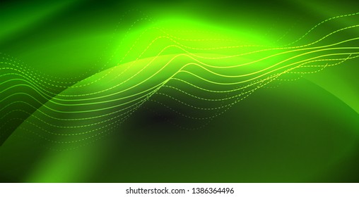 Glowing abstract wave on dark, shiny motion, magic space light. Vector techno abstract background