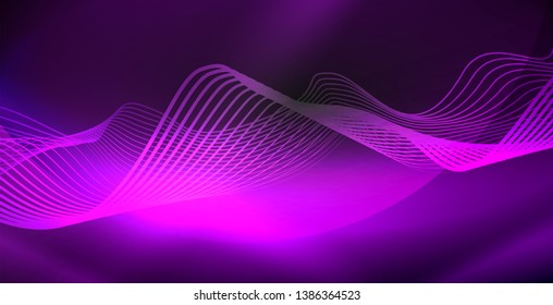 Glowing abstract wave on dark, shiny motion, magic space light. Vector techno abstract background