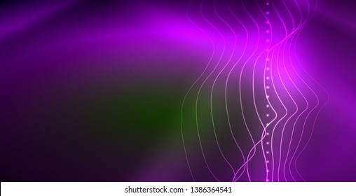 Glowing abstract wave on dark, shiny motion, magic space light. Vector techno abstract background