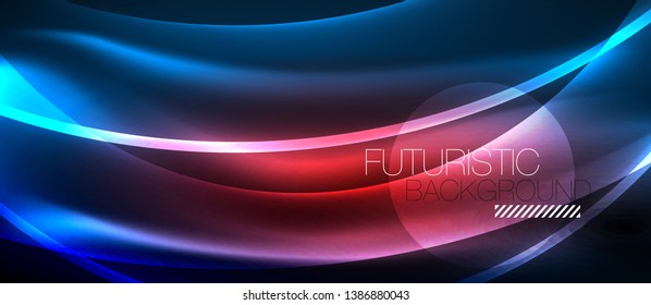 Glowing abstract wave on dark, shiny motion, magic space light. Vector techno abstract background