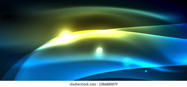 Glowing abstract wave on dark, shiny motion, magic space light. Vector techno abstract background