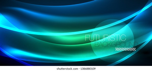 Glowing abstract wave on dark, shiny motion, magic space light. Vector techno abstract background