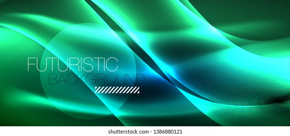 Glowing abstract wave on dark, shiny motion, magic space light. Vector techno abstract background