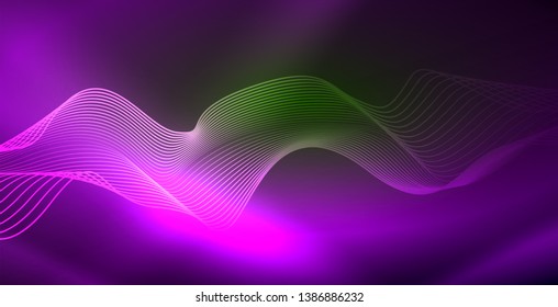 Glowing abstract wave on dark, shiny motion, magic space light. Vector techno abstract background