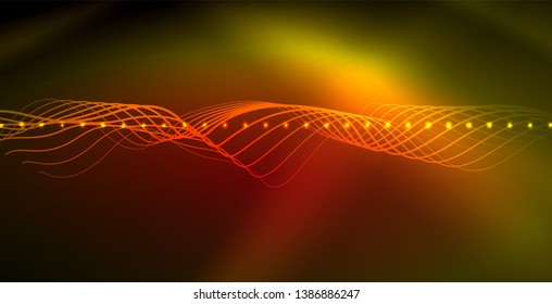 Glowing abstract wave on dark, shiny motion, magic space light. Vector techno abstract background