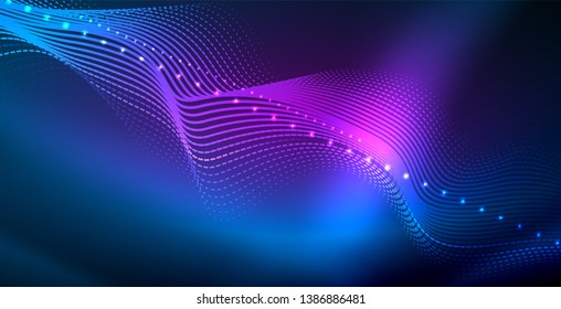 Glowing abstract wave on dark, shiny motion, magic space light. Vector techno abstract background, blue color