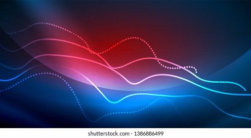 Glowing abstract wave on dark, shiny motion, magic space light. Vector techno abstract background, blue color